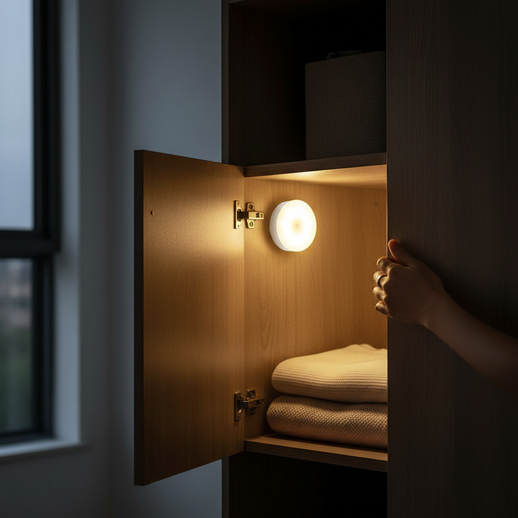Luz LED con sensor de movimiento encendida bajo una balda de armario